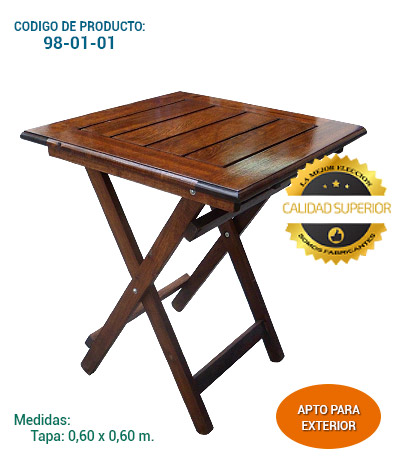 Mesa plegable cuadrada de madera, tapa de 60x60, madera guatambú