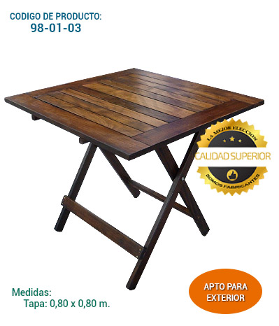Mesa de madera plegable cuadrada, tapa de 80x80, madera guatambú
